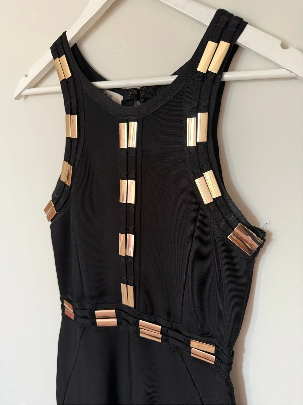 House of CB Black Sleeveless Midi bandage Dress with Champaign gold  Accent - Picture 3 of 5